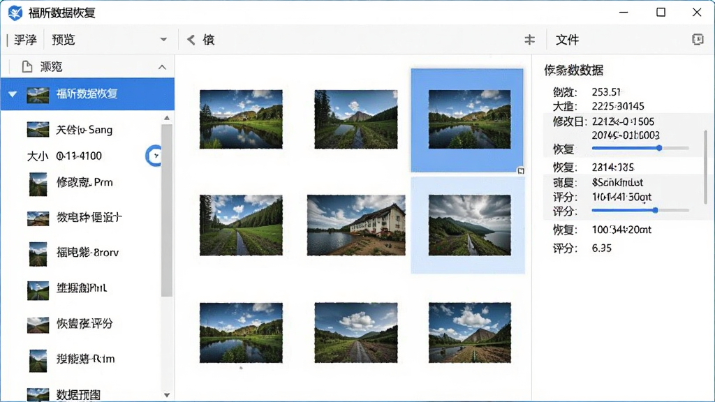 主体:福昕数据恢复的文件预览窗口,展示一张照片的缩略图与详细信息。布局:窗口分为左右两栏,左侧为文件列表,右侧为预览区与文件元数据。排版:预览区以网格形式展示图片缩略图,选中后可放大查看。风格:简洁清晰,白色背景,蓝色高亮选中项。细节:文件信息包括大小、修改日期、恢复可能性评分。画质:高清,干净,无多余元素。