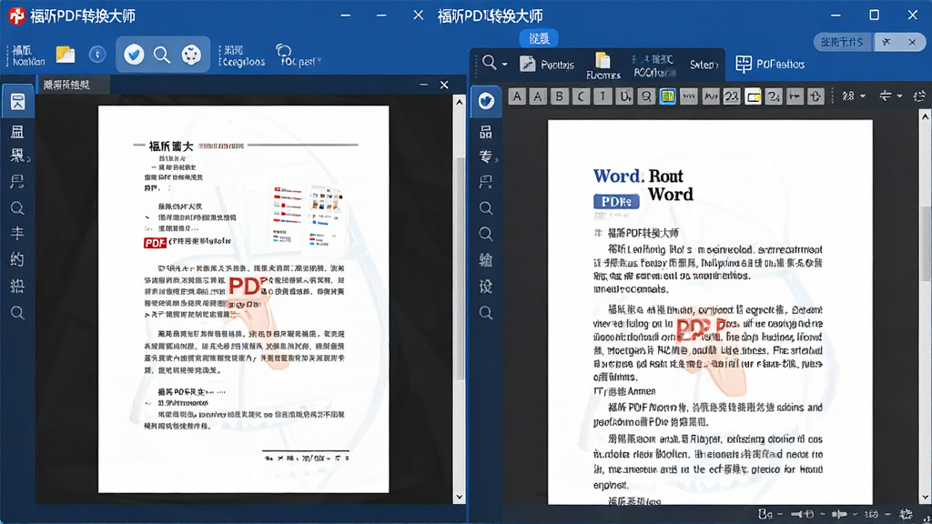 展示福昕PDF转换大师进行PDF转Word操作的界面特写,左侧显示原始PDF文件预览,右侧显示转换后的Word文档编辑状态,文字清晰可辨,格式完美保留,软件界面以蓝色为主色调,功能按钮醒目,画面干净整洁,突出软件名称“福昕PDF转换大师”,画质高清,细节生动