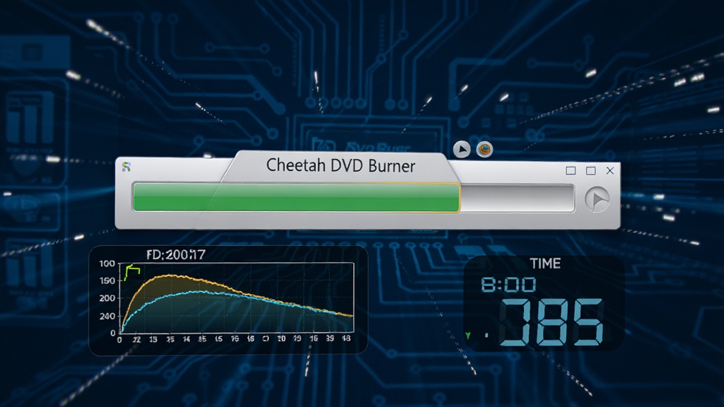 主体为电脑屏幕显示刻录进度条的界面,进度条上方有“Cheetah DVD Burner”字样,周围有速度曲线图和剩余时间数字,背景为深蓝色科技风格,画面充满动感,细节清晰,画质高清,无多余元素