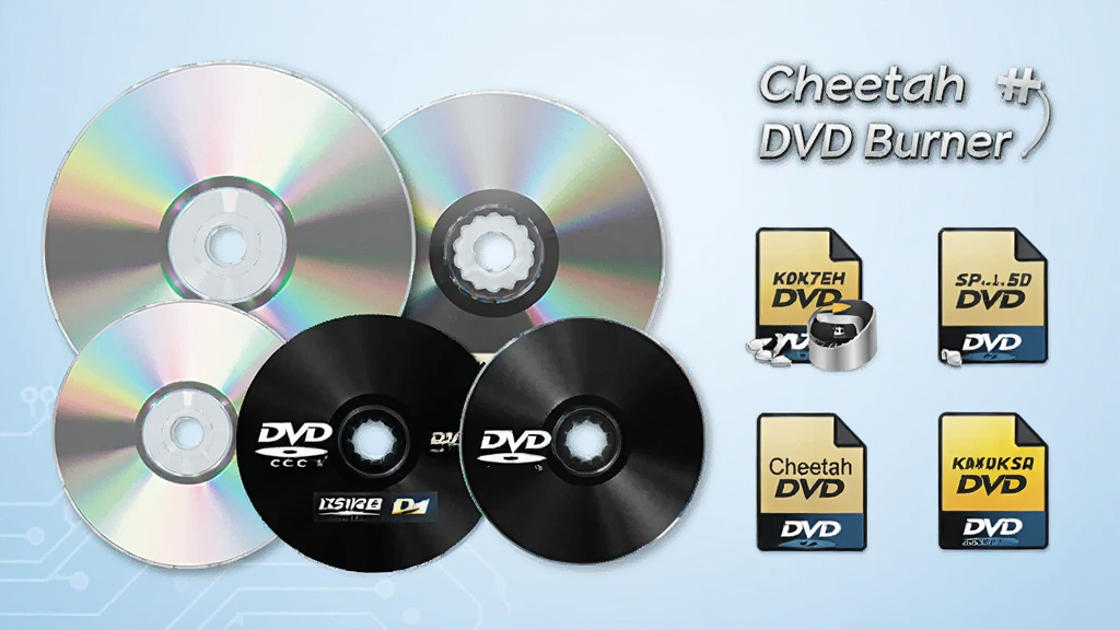 主体为一张展示各类光盘的图示,包括CD、DVD、双层DVD等,旁边标注“Cheetah DVD Burner”支持格式图标,背景为柔和的渐变蓝色,整体布局清晰,风格简约科技感,细节丰富,画质高清,无多余元素