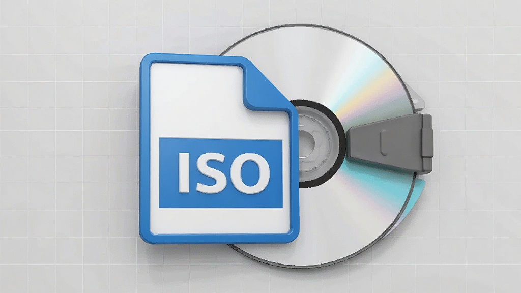 主体为一张ISO镜像文件图标与光盘叠加的3D效果图,图标上标有“ISO”字样,背景为浅灰色网格,整体风格简约现代,细节丰富,画质高清,无多余元素