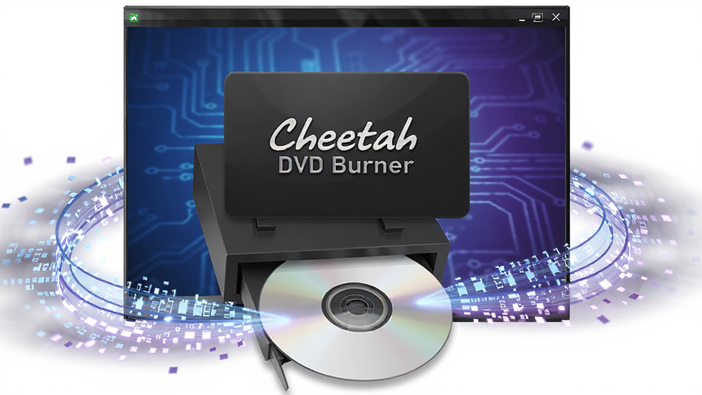 主体为一张显示“Cheetah DVD Burner”正在运行中的电脑屏幕,屏幕前有一张光盘正在被写入,周围有数据流动的光效,整体色调为蓝紫色科技感,布局清晰,细节丰富,画质高清,无多余元素