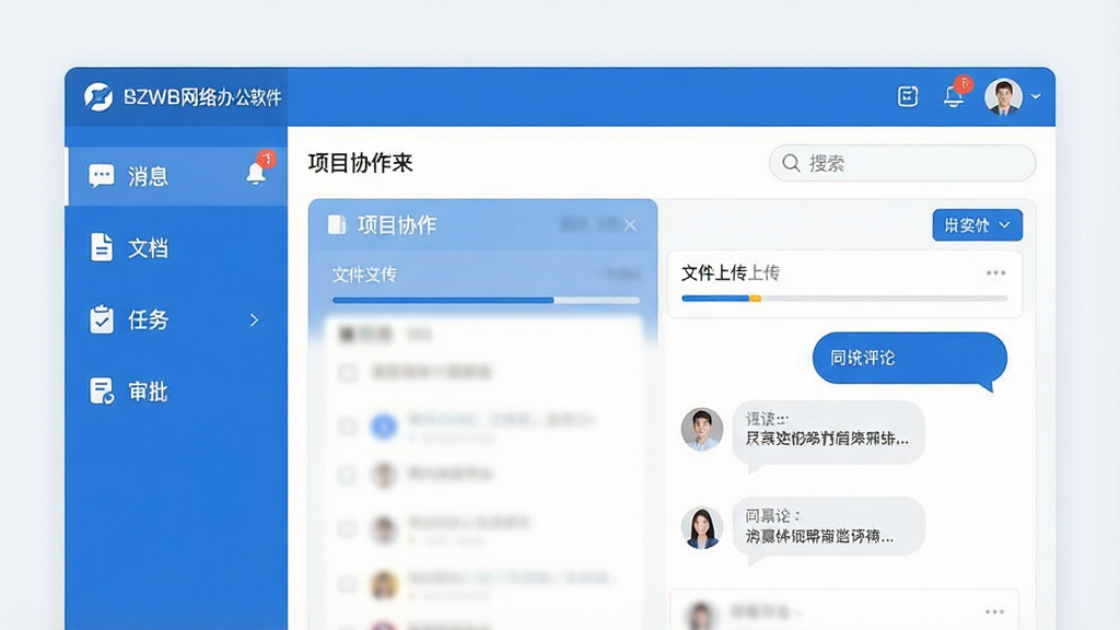 一张展示BZWB网络办公软件集成界面的UI设计图,主体为软件主界面,布局采用侧边栏加内容区,侧边栏包含“消息”、“文档”、“任务”、“审批”等图标,内容区展示一个项目协作面板,带有文件上传进度条和同事评论气泡,整体风格扁平化设计,蓝白配色,细节包括通知角标和搜索框,画质清晰干净,无多余元素