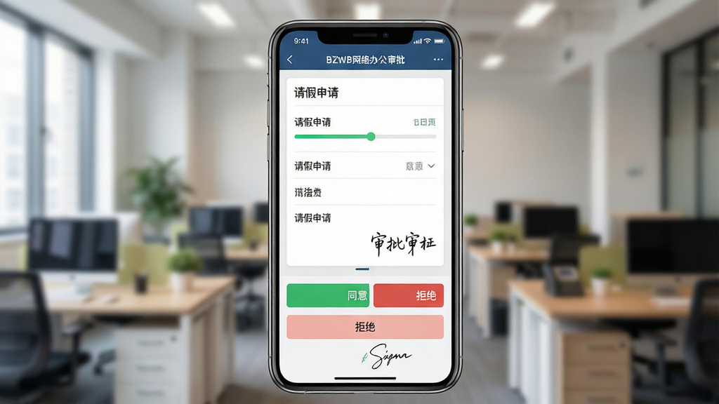 一张展示BZWB网络办公审批功能的界面截图,主体为手机屏幕上的审批流程页面,布局为上下结构,上方显示“请假申请”表单,下方为审批按钮“同意”和“拒绝”,背景为模糊的办公环境,整体风格写实,细节包括流程进度条和审批人签名,画质高清,干净无多余元素