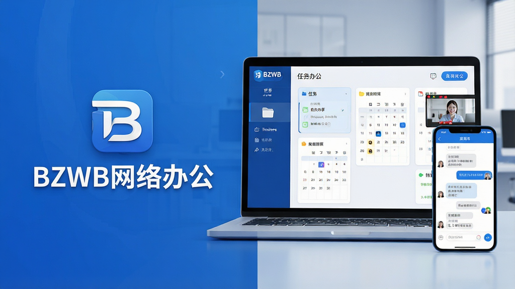 一张现代办公场景的3D渲染图,主体是BZWB网络办公软件在笔记本电脑和手机上的界面展示,布局为左右分屏,左侧显示软件Logo与名称“BZWB网络办公”,右侧展示任务看板与实时聊天窗口,整体风格商务科技感,蓝色与白色为主色调,细节包括文件共享图标、日程表、视频会议窗口,画质高清干净,无多余元素