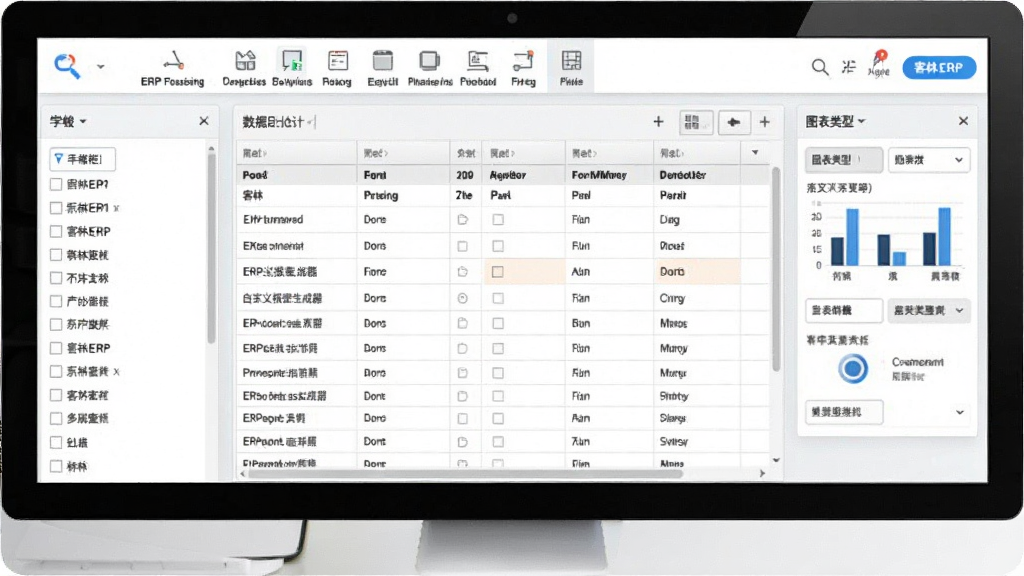 客林ERP自定义报表生成器预览图,左侧字段列表,中间表格设计区域,右侧图表类型选择,上方工具栏图标清晰,整体界面浅色背景,数据可视化风格,专业清晰,画质细腻,无多余元素