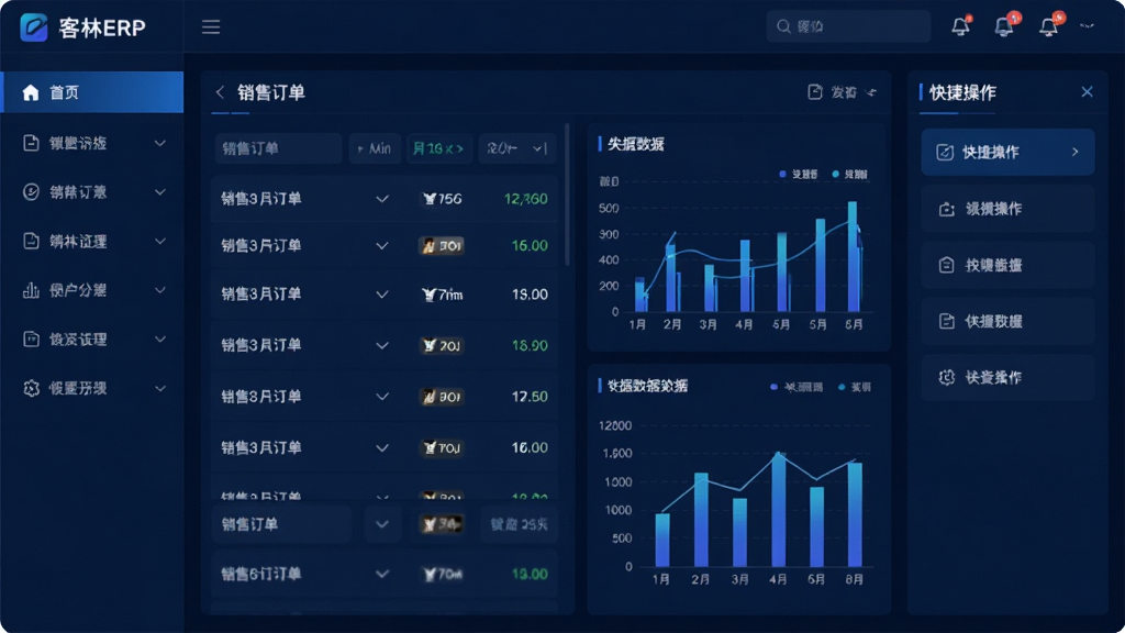 客林ERP软件主界面展示图,深蓝色科技感主题,左侧功能导航栏清晰,中间显示销售订单列表与数据图表,右侧为快捷操作面板,整体布局规整,界面明亮干净,现代商务风格,高分辨率,细节丰富,画质清晰,无多余元素