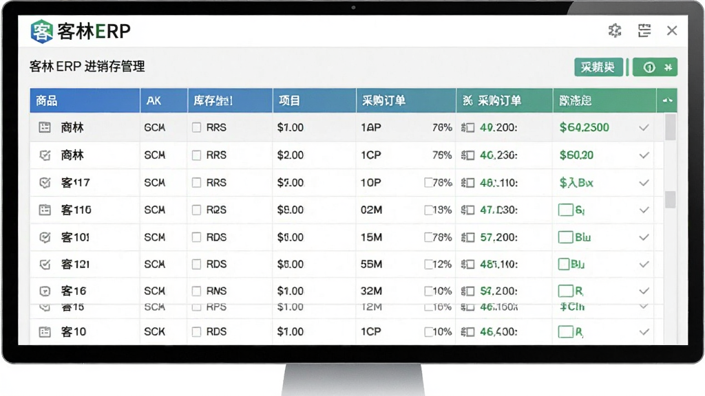 客林ERP进销存管理界面截图,展示商品列表、库存数量、采购订单状态,表格数据清晰,色彩搭配专业,左上角有客林ERP标志,界面简洁,现代企业管理风格,画质高清,无多余装饰