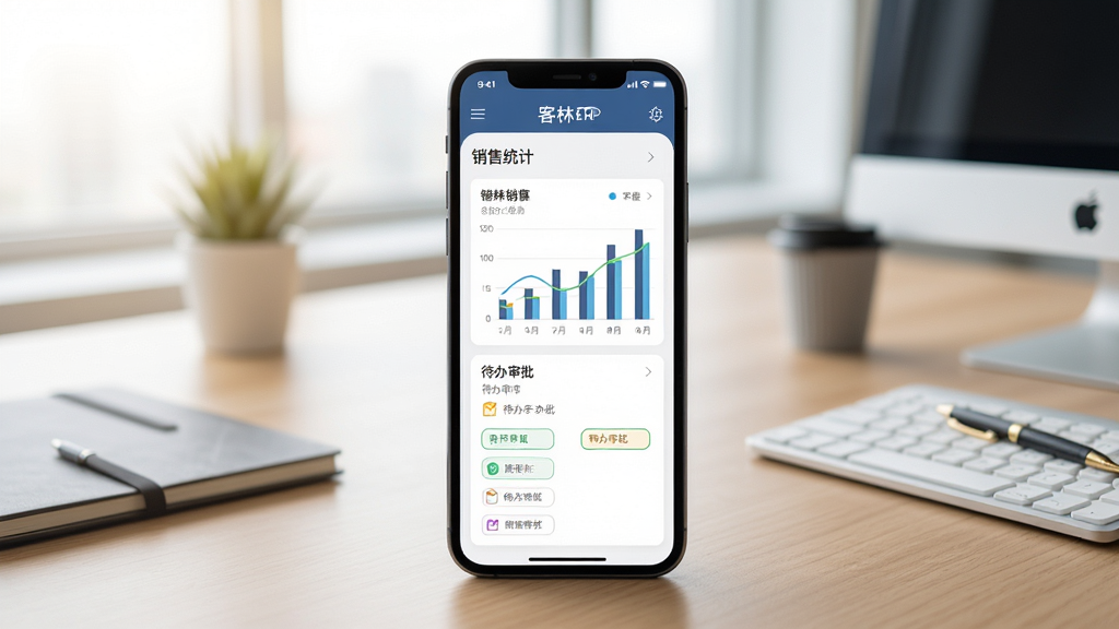 客林ERP移动端手机界面图,手机屏幕显示销售统计图表和待办审批,背景为办公桌面,光线明亮,构图平衡,现代商务风格,细节清晰,画质干净,无多余元素