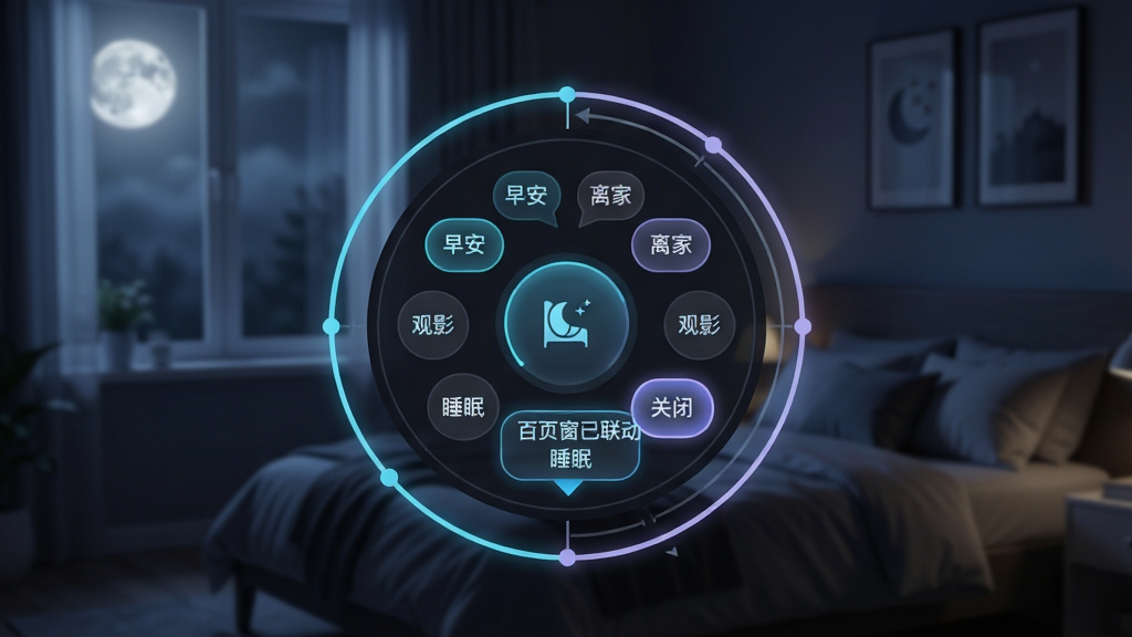 主体:智能家居控制中心界面展示,背景为深夜卧室,窗外月色朦胧。布局:画面中央为圆形场景设置面板,周围环绕时间轴与触发条件选项。排版:信息层级分明,主次按钮通过大小与颜色区分,引导用户视线流动。风格:暗色模式UI,搭配霓虹蓝与淡紫色高光,充满科技感。细节:面板上显示“早安”“离家”“观影”“睡眠”等场景标签,其中“睡眠”场景被高亮选中,并有“百页窗已联动关闭”的状态提示。画质:高精度细节渲染,噪点控制完美,画面纯净无杂物。