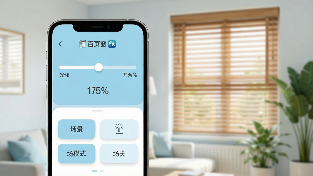 主体:智能手机屏幕显示百页窗APP控制界面,界面背景为明亮的现代客厅,窗户上安装着精致的木质百叶窗。布局:手机位于画面中央偏左,右侧为虚化的窗户与室内绿植,界面图标清晰可见。排版:采用上下结构,上方显示光线强度滑块与窗帘开合百分比,下方排列场景模式按钮,整体留白得当。风格:扁平化设计结合轻微拟物光影,色彩明快,以浅蓝与白色为主基调。细节:手机屏幕呈现“百页窗”字样与产品Logo,窗帘叶片纹理细腻,光影过渡自然。画质:8K超高清渲染,画面干净通透,无多余元素。