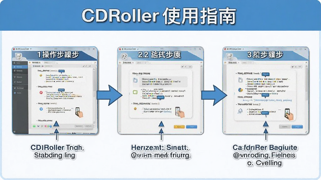 CDRoller使用指南示意图,主体为软件操作步骤截图,布局分步展示,排版清晰,风格教学风格,细节包含箭头指示和文字标注,画质高清,干净无多余元素