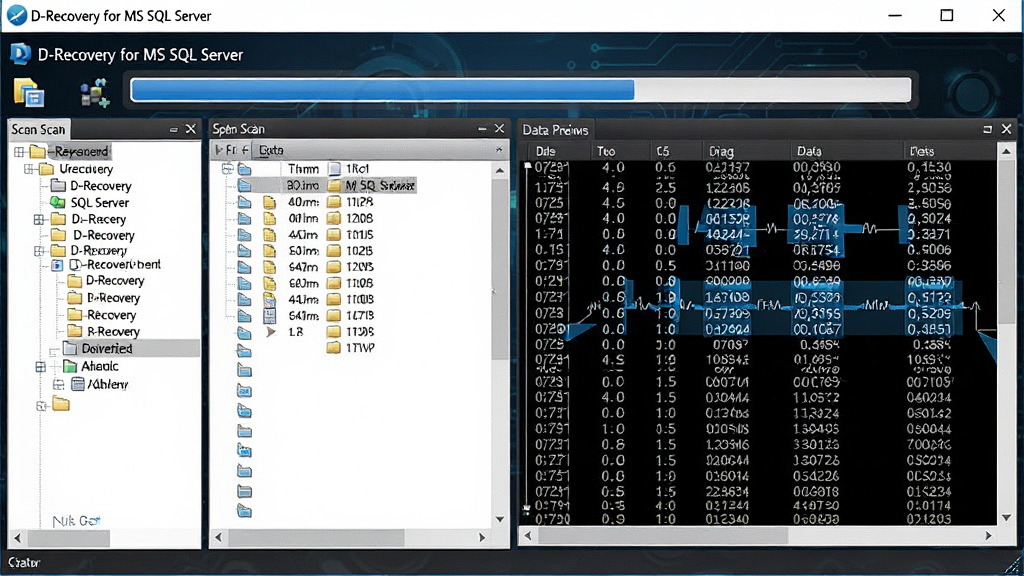 主体:D-Recovery for MS SQL Server软件界面展示深度扫描过程,界面中有文件列表与数据预览窗口;布局:软件窗口居中,左右分栏,左侧为扫描进度与文件树,右侧为十六进制数据预览;排版:信息密集但条理清晰,背景为深色科技感渐变;风格:写实UI设计,细节丰富;细节:界面标题栏显示“D-Recovery for MS SQL Server”,扫描进度条为蓝色,右侧预览区有高亮数据块;画质:高清,干净,无多余元素。