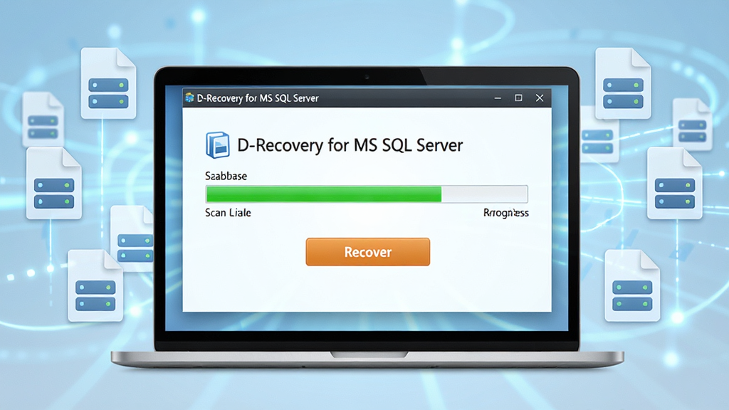 主体:一台笔记本电脑屏幕显示D-Recovery for MS SQL Server软件界面,界面中有数据库文件扫描进度条与恢复按钮;布局:电脑居中,屏幕内容清晰可见,周围有数据文件图标环绕;排版:简洁构图,软件界面占画面主体,背景为浅蓝色科技感光效;风格:写实科技风,光影柔和;细节:屏幕上文字显示“D-Recovery for MS SQL Server”,扫描进度条为绿色,恢复按钮为橙色;画质:8K超清,干净,无多余元素。