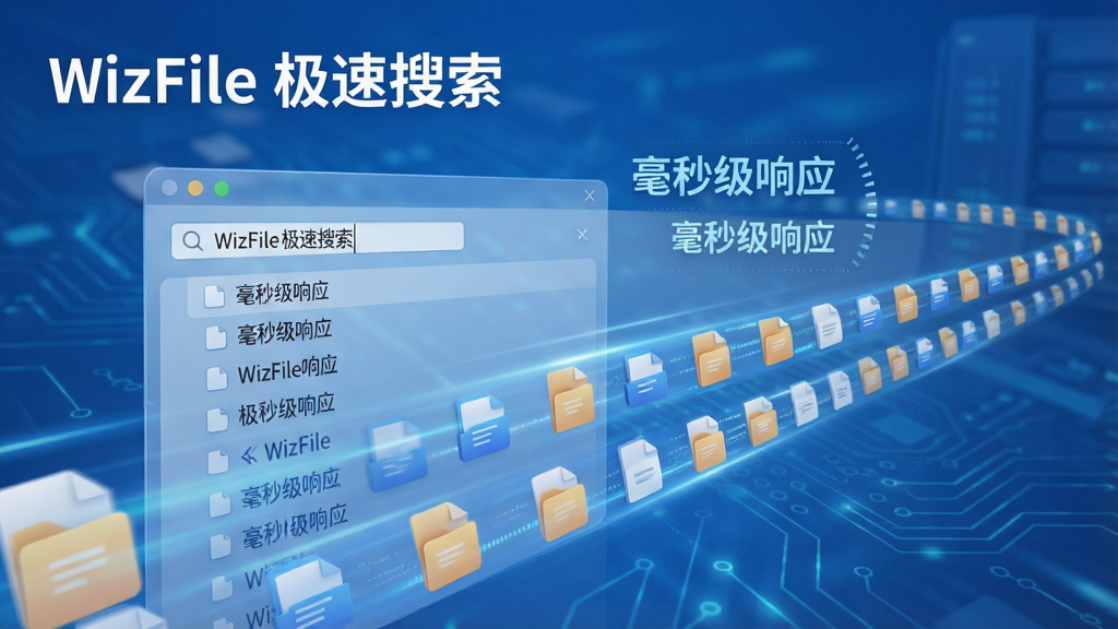 一张动态效果图,展示WizFile在搜索时,随着用户输入关键词,结果列表以极快的速度刷新,背景为淡蓝色科技风格,文件图标快速滚动,突出“毫秒级响应”的特点,画面干净无多余元素,左上角显示文字“WizFile 极速搜索”
