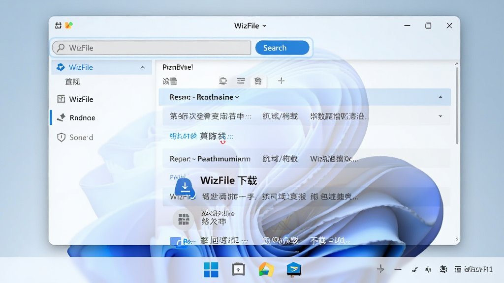 一张展示WizFile在Windows 11系统中运行的截图,界面与系统深度融合,背景为纯净的桌面,搜索框高亮,结果列表清晰,整体风格简洁,画质高清,无多余元素,图片中显示“WizFile 下载”