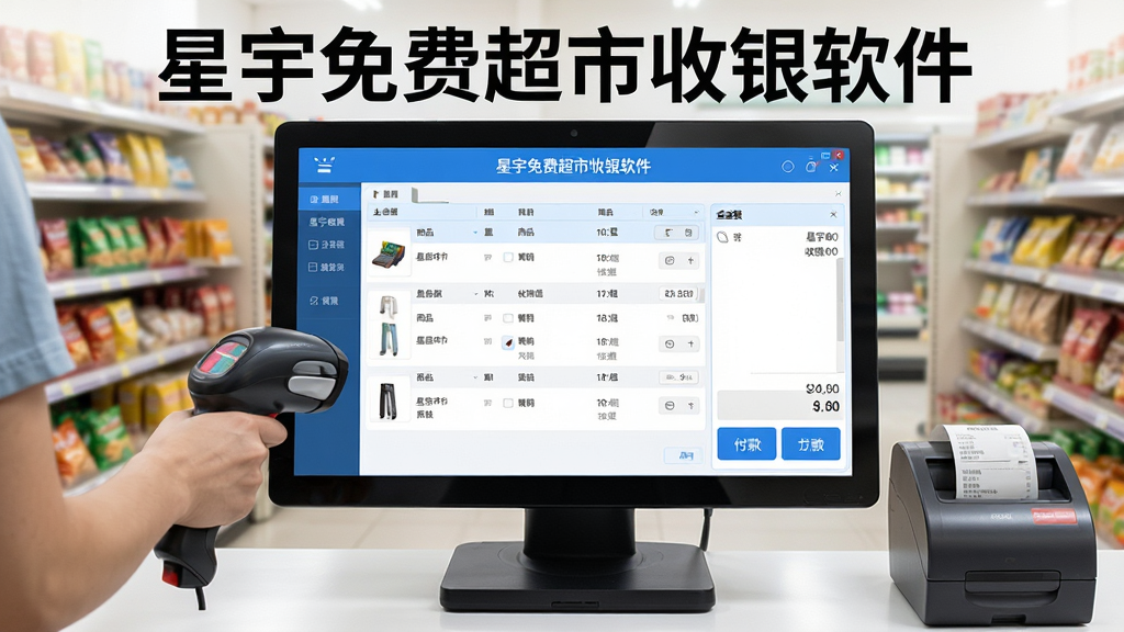 画面主体为“星宇免费超市收银软件”在电脑上运行的收银界面,背景是整洁的超市货架,收银员正在扫码结账。布局上,屏幕居中显示软件主窗口,包含商品列表、金额汇总、付款方式按钮。排版清晰,界面蓝色调为主,风格写实,细节上体现扫码枪、小票打印机,画质高清干净,无多余元素,文字标注“星宇免费超市收银软件”。