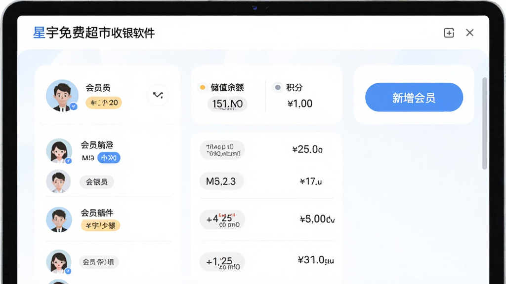 主体为“星宇免费超市收银软件”会员管理页面,显示会员列表、储值余额和积分。布局采用卡片式,右侧有“新增会员”按钮。风格清新浅色,细节包括头像和会员等级标签,画质干净,软件名称在页面顶部。