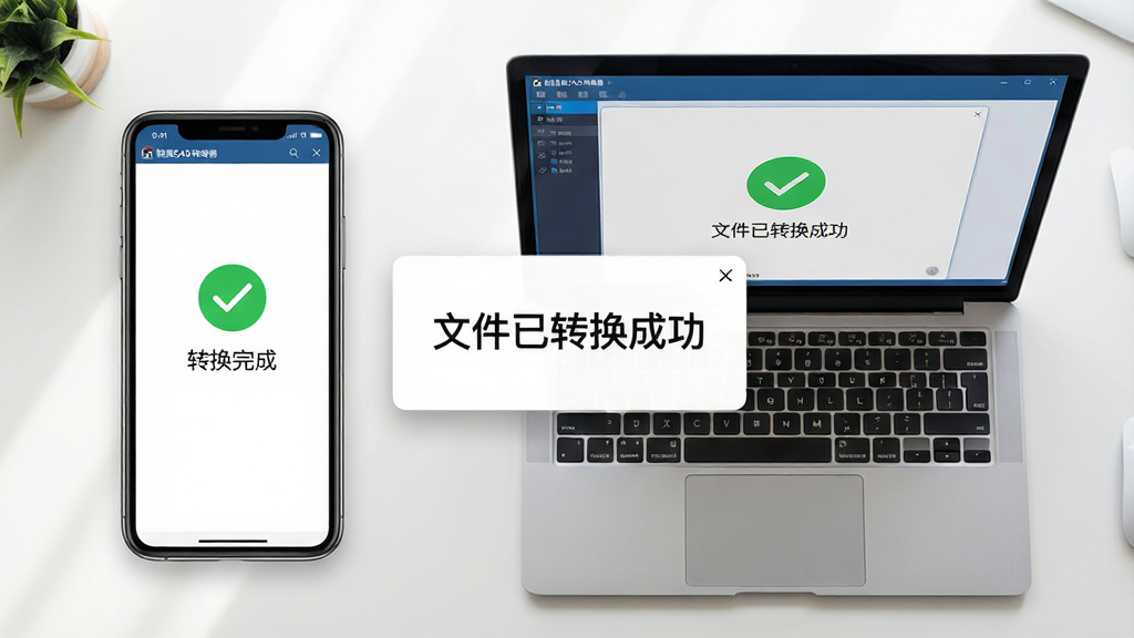 主体:一张智能手机和一台笔记本电脑并排摆放的俯视图,手机和电脑屏幕上都显示迅捷CAD转换器的转换完成界面。布局:左侧为手机,右侧为笔记本,中间有“文件已转换成功”的弹窗。排版:对比明显,体现多端协同。风格:写实生活风格,光线明亮。细节:屏幕上显示绿色的对勾图标和“转换完成”字样。画质:高清,干净,无多余元素。