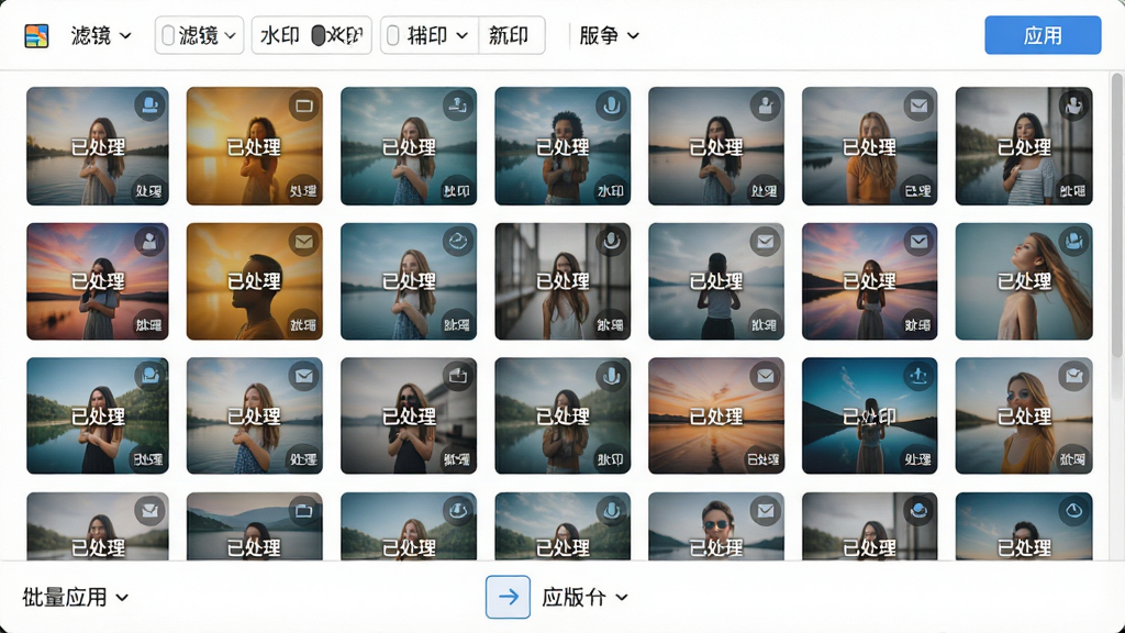 主体:七彩色图片排版工具的批量处理界面,多张图片缩略图排列,下方有批量应用选项。布局:缩略图网格,上方有设置栏,显示滤镜、水印等选项。排版:整齐有序,缩略图大小一致,界面清爽。风格:简洁,高效,专业。细节:缩略图上显示“已处理”标记,设置栏有“应用”按钮。画质:高清,干净,无多余元素。