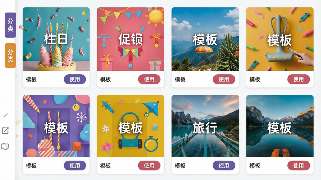 主体:七彩色图片排版工具的智能模板库界面,展示多个精美的模板缩略图,有生日、促销、旅行等主题。布局:网格状排列,每个模板卡片上显示效果图,左侧有分类标签。排版:整齐划一,色彩丰富,视觉冲击力强。风格:活泼,有设计感,吸引眼球。细节:模板缩略图上显示“模板”字样,右下角有“使用”按钮。画质:高清,干净,无多余元素。