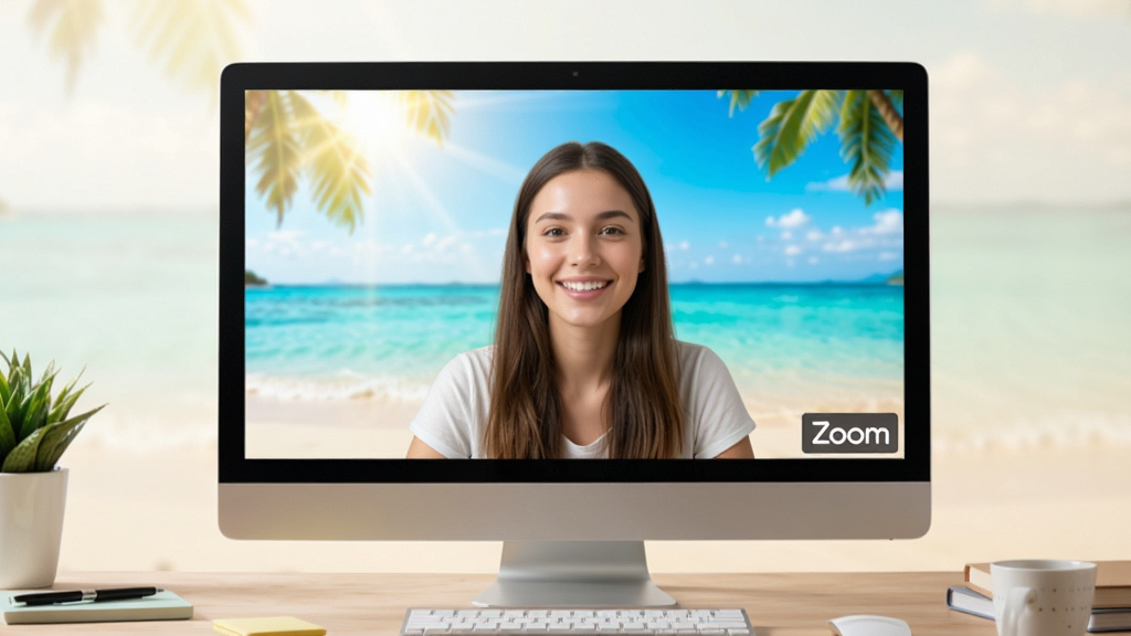 Zoom虚拟背景功能展示图,画面中一位年轻女性坐在书桌前,电脑屏幕显示她的视频画面,背景被替换为一片美丽的海滩,阳光明媚,色彩鲜艳,屏幕右下角有“Zoom”字样,整体风格清新自然,布局简洁,细节精致,画质高清,干净无多余元素。