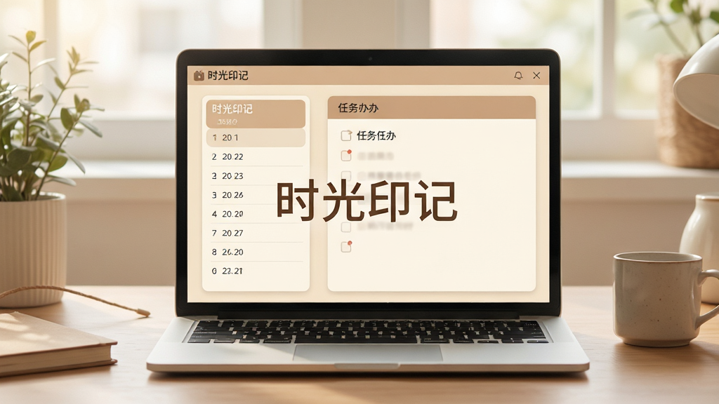 一幅温馨的桌面场景,一台笔记本电脑屏幕显示“时光印记”软件的日历与待办清单界面,界面以米黄色和淡棕色为主色调,采用卡片式布局,左侧是日期列表,右侧是任务详情,整体风格简约清新,画质细腻柔和,干净无多余元素,画面中央有“时光印记”字样