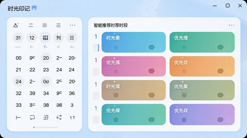 电脑端“时光印记”软件智能规划日程界面,左侧为日期选择器,右侧显示智能推荐的时段区块,用不同颜色区分优先级,整体界面采用浅蓝色背景,卡片圆润,排版清晰,画质干净,无多余元素,界面左上角有“时光印记”字样