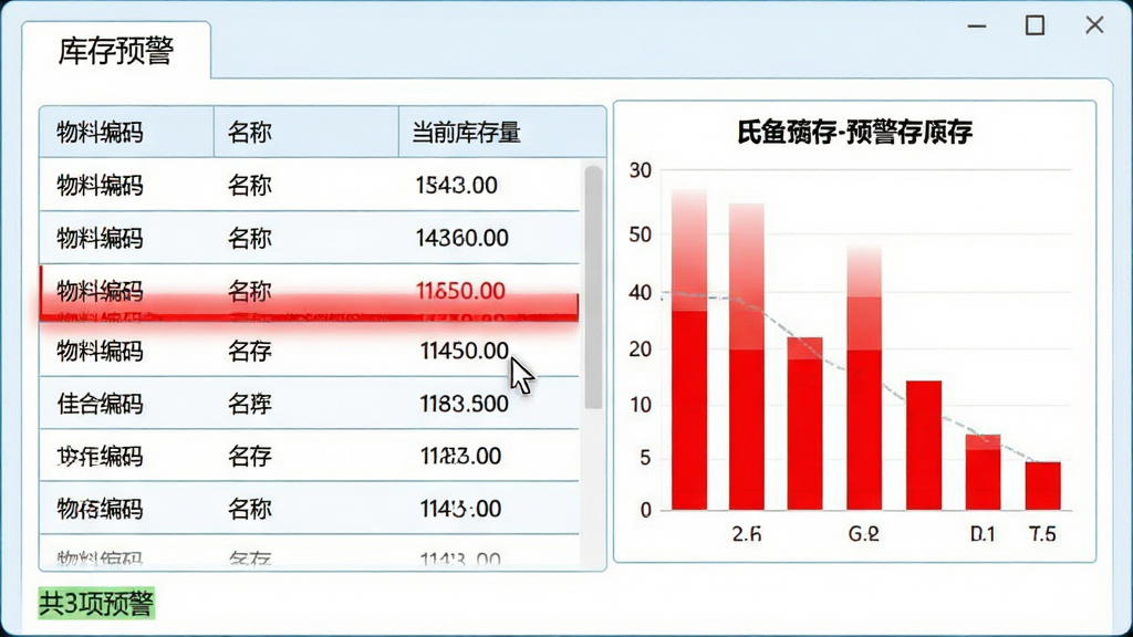 主体:佳顺工业进销存系统的库存预警界面截图,画面左侧为库存列表,右侧为红色预警条形图。布局:界面左右分栏,左侧表格显示物料编码、名称、当前库存量,右侧红色柱状图突出显示低于安全库存的物料。排版:数据表格行高适中,预警行用红色字体标出,顶部有“库存预警”选项卡。风格:简洁商务风,背景浅白,边框浅蓝。细节:屏幕下方有一行绿色文字“共3项预警”,鼠标指针悬停在预警物料上。画质:高清屏幕截图,色彩分明,干净无多余元素。