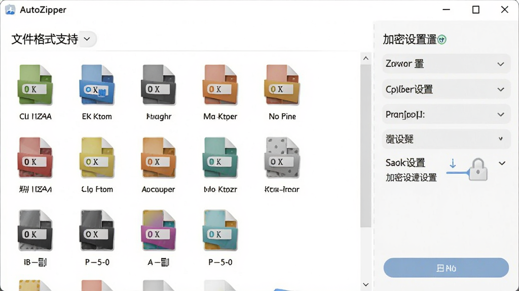 AutoZipper软件的文件格式支持列表界面,显示多种压缩格式图标排列,右侧有加密设置面板,背景为简洁的白色界面,风格清爽,细节丰富,画质干净