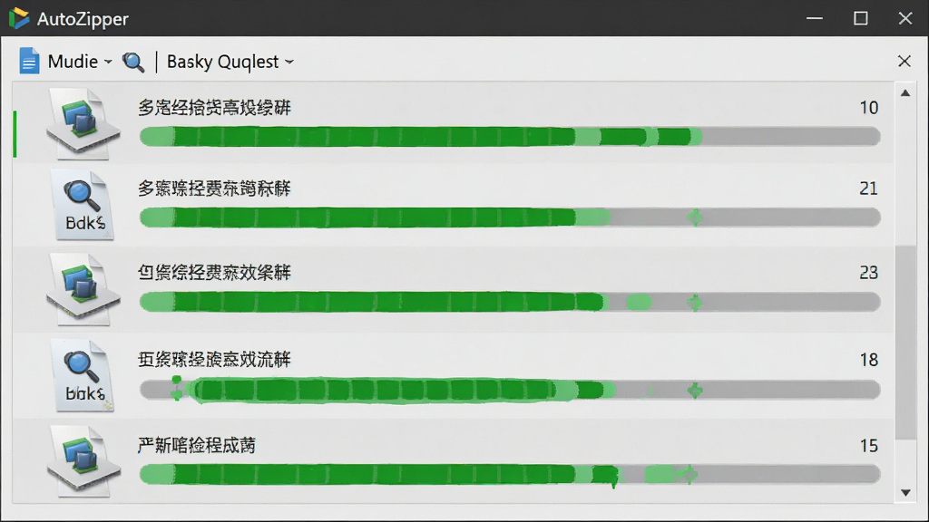 AutoZipper软件正在进行批量压缩任务,界面显示多个压缩包文件正在排队处理,进度条呈现绿色,背景为干净的浅灰色工作台,突出任务队列与自动化流程,排版清晰,画质高清