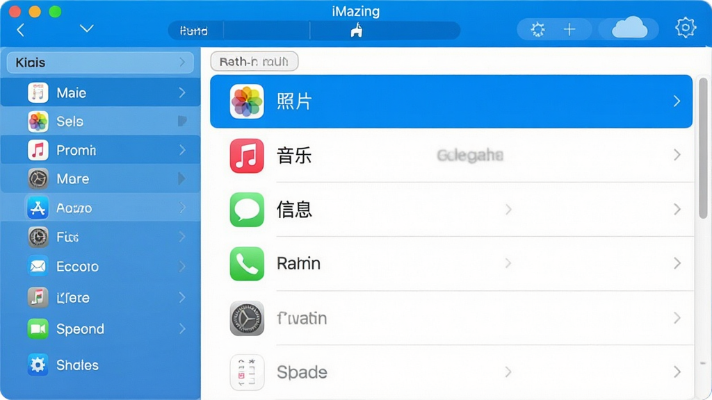 一幅展示iMazing软件主界面的高清截图,界面布局清晰,左侧为设备列表与功能导航栏,右侧为内容浏览区域,列表展示“照片”、“音乐”、“信息”等管理模块,整体风格简洁现代,配色以蓝白为主,画质干净,无多余元素