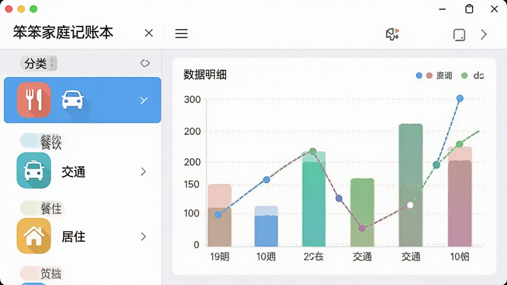 展示“笨笨家庭记账本”软件界面的截图,主体是分类明细页面,左侧为分类列表,右侧为数据图表,布局清晰,排版整齐,采用扁平化设计风格,色彩明快,重点突出“餐饮”、“交通”、“居住”等分类图标,画质清晰干净,无多余元素。