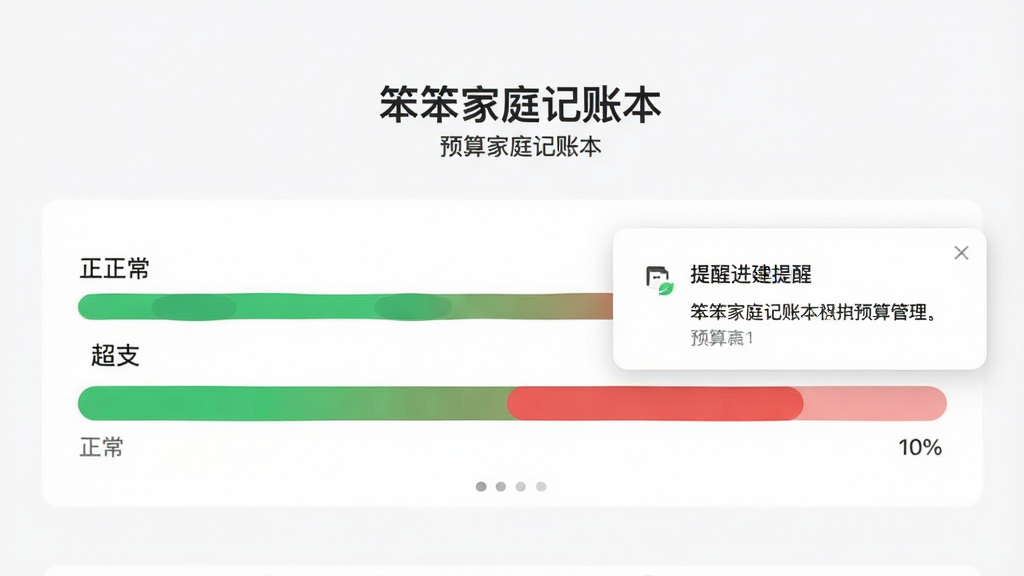 展示“笨笨家庭记账本”预算管理界面的截图,主体为预算进度条和提醒弹窗,布局居中,排版简洁,进度条以绿色和红色区分正常与超支状态,整体风格清爽,画质清晰,干净无多余元素。