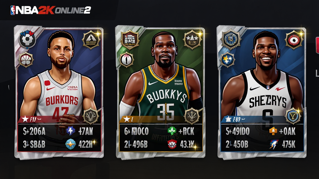 主体:NBA2K Online2球员选择界面,展示库里、杜兰特、字母哥三名球星卡牌。布局:三张球员卡牌并排陈列,卡牌上显示球员半身像、能力值及徽章图标。排版:卡牌整齐排列,背景为深色渐变,突出球员主体。风格:卡牌风格,美式漫画与写实结合,色彩鲜明。细节:球员动作各异,能力值数字清晰,徽章闪光。画质:高清细腻,干净无多余元素。