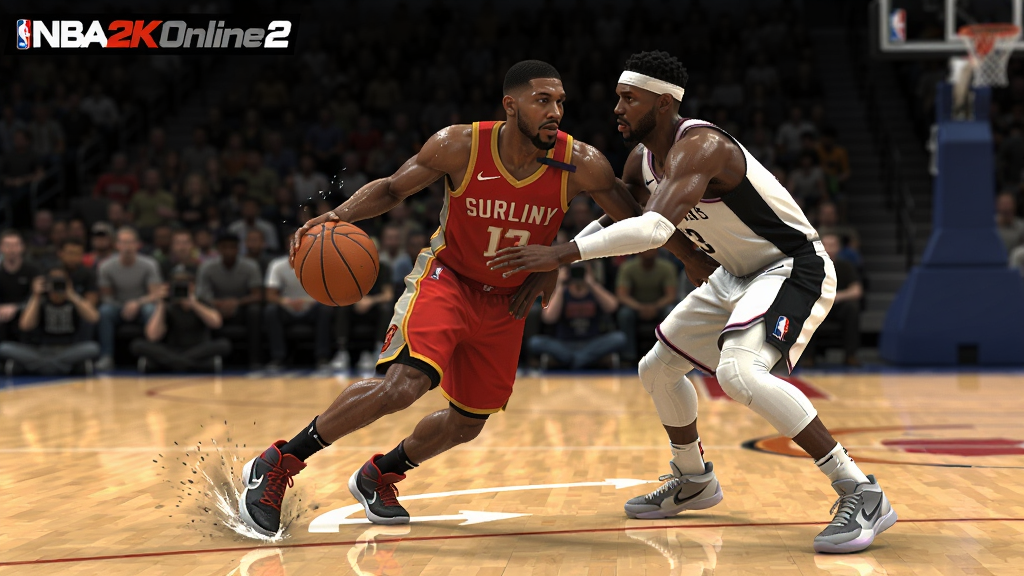 主体:NBA2K Online2王朝模式比赛画面,一名球员持球突破,防守球员紧贴。布局:球场全景视角,球员动作捕捉到位,观众席虚化。排版:画面连贯,运球路线清晰。风格:写实竞技风格,光影动态。细节:球员肌肉线条、球鞋摩擦地面痕迹、汗水飞溅。画质:1080P,干净无多余元素。