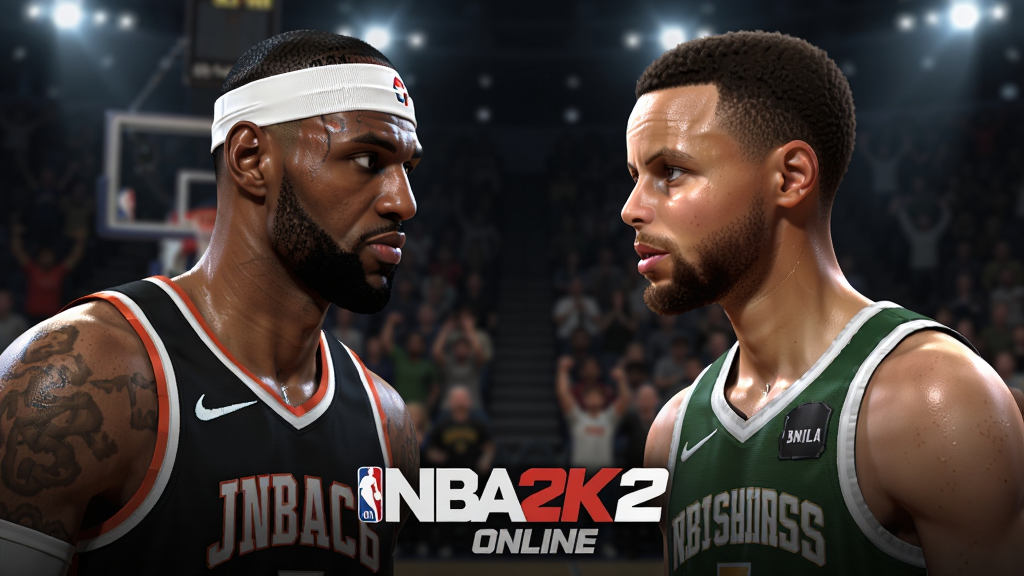 主体:NBA2K Online2游戏主界面,展示两名NBA球星詹姆斯与库里对峙的激烈场面。布局:画面中央是两位球星半身像,背景为模糊的球馆看台与聚光灯,下方是游戏LOGO“NBA2K Online2”。排版:球星居中,LOGO置于底部中央,整体视觉冲击力强。风格:写实3D渲染,高精度人物模型,光影效果真实。细节:球员面部清晰,球衣纹理可见,汗水反光,球场氛围热烈。画质:4K超清,干净无多余元素。