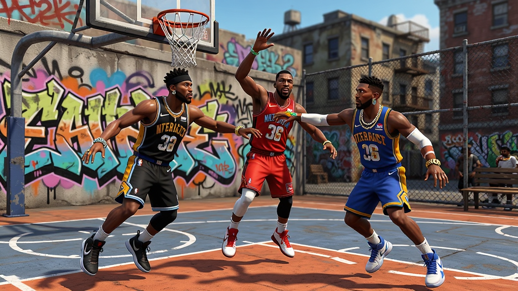 主体:NBA2K Online2街头3V3模式场景,三名球员在街头球场进行对抗。布局:半场视角,背景为城市街头涂鸦墙和铁丝网。排版:球员动作夸张,涂鸦墙色彩鲜艳。风格:街头嘻哈风,色彩奔放。细节:地面纹理、篮球网晃动、球员佩戴饰品。画质:高清,干净无多余元素。