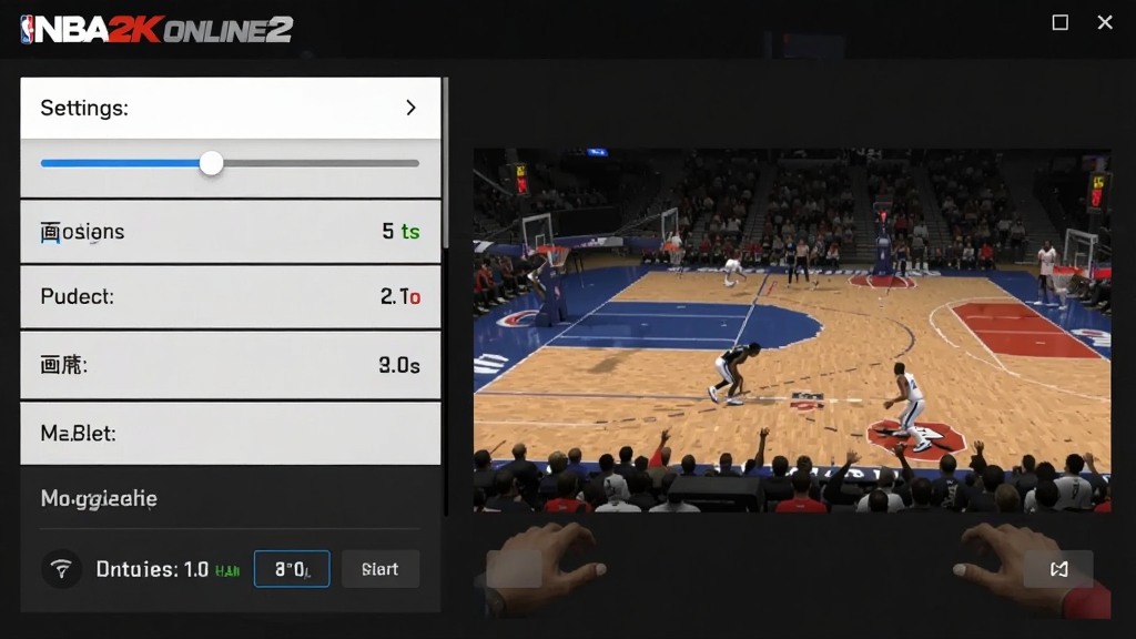 主体:NBA2K Online2游戏设置界面,显示画质选项和网络延迟。布局:设置面板居中,左侧为选项列表,右侧为预览画面。排版:简洁明了,选项清晰。风格:现代UI风格,深色主题。细节:滑块位置、数值显示、按钮高亮。画质:清晰干净,无多余元素。