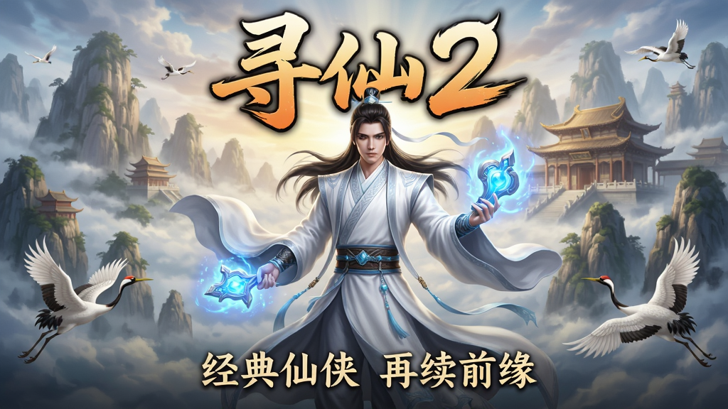 主体:游戏《寻仙2》的官方宣传海报,画面中央是一位身着白衣的仙侠角色,手持发光的法宝,背景是云雾缭绕的仙山与宫殿。布局:角色居中,背景元素围绕展开,整体层次分明。排版:海报上方有醒目的游戏LOGO“寻仙2”字样,下方有“经典仙侠 再续前缘”的宣传语。风格:写实国风,色彩华丽,光影效果强烈。细节:角色衣袂飘飘,法宝散发蓝光,山峦叠嶂,仙鹤飞翔。画质:8K超高清,细节丰富,干净无多余元素。