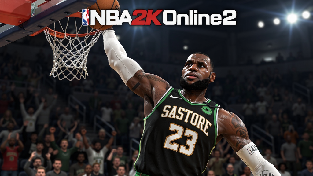 画面主体为NBA2K Online2游戏海报,中心是勒布朗詹姆斯霸气扣篮动作。背景为光线充足的NBA球馆,观众席人潮涌动。布局采用对角线构图,突出球员力量感。排版风格为游戏官方宣传图样式,文字“NBA2K Online2”置于顶部中央。细节包括球员肌肉线条、球衣纹理与汗水效果。画质为8K超清,干净无多余元素。