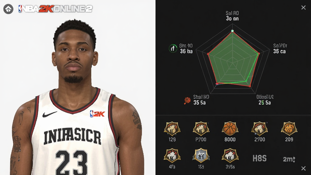 主体为NBA2K Online2球员数据面板界面。布局为左右分栏,左侧是球员半身像,右侧是能力值雷达图与徽章列表。排版风格为游戏UI截图样式,细节展示球员三分、扣篮等属性数值。风格为现代扁平化设计,画质清晰锐利,无多余元素。