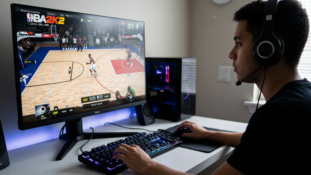 主体为玩家正在电脑前游玩NBA2K Online2的场景,屏幕中显示比赛画面。布局为侧面视角,兼顾玩家与屏幕内容。排版风格为写实摄影风,细节包括键盘背光与屏幕反光。画质为高清,干净无杂乱元素。