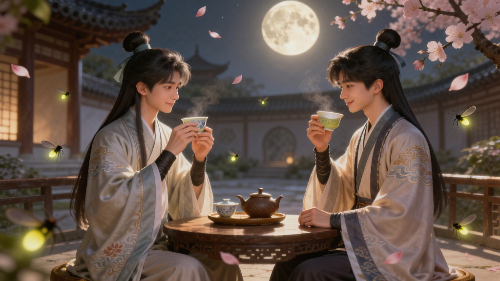 主体:寻仙2玩家在月下庭院中互动,两人对坐品茶,周围有萤火虫;布局:两人位于画面中央,背景是古风建筑与圆月;排版:柔和暖色调,温馨氛围;风格:唯美浪漫,国风插画感;细节:衣饰纹样精致,茶具清晰,月光洒落,有飘落的花瓣;画质:柔和光影,干净无多余元素。