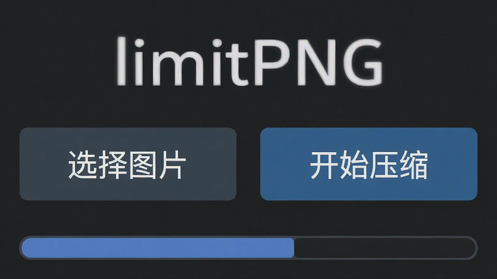 一张手机截图,显示limitPNG安卓版操作界面,界面中有“选择图片”“开始压缩”按钮,下方有压缩进度条,整体界面以深色为主题,软件名称“limitPNG”显示在顶部,画质清晰,无多余元素