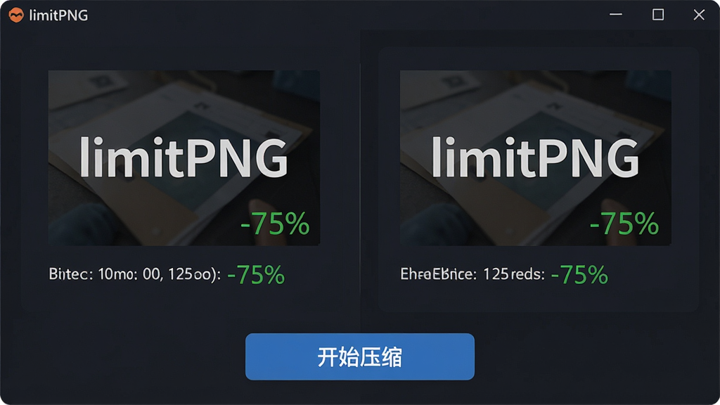 ���壺limitPNG����������չʾ��������ɫ������������ͼƬѹ��ǰ��Ա�Ч�������֣����ΪԭʼͼƬ����ͼ���ļ���С���Ҳ�Ϊѹ����ͼƬ����ͼ���ļ���С���ײ��С���ʼѹ������ť���Ű棺���ҶԳƣ���Ϣ��������ť��Ŀ������ִ��Ƽ��У���ƽ����ơ�ϸ�ڣ�ͼƬ���С�limitPNG��������ѹ��������ɫ���ֱ�ע���硰-75%�������ʣ�8k���壬�ɾ����޶���Ԫ�ء�