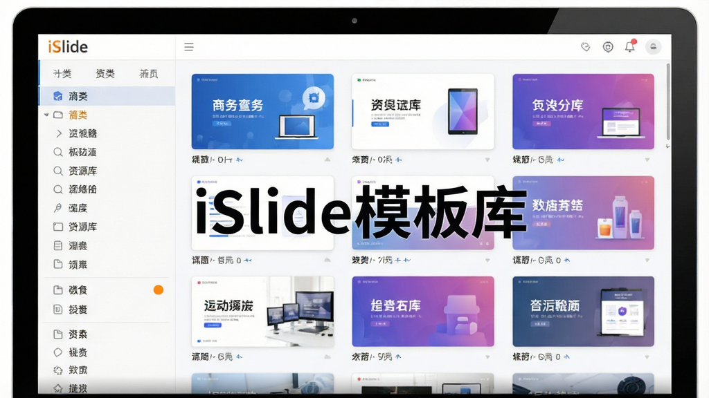 一张展示PPT模板资源库的界面截图风格图片,主体为电脑屏幕上的iSlide资源库面板,左侧是分类列表,右侧展示多张缩略图模板卡片,模板风格涵盖商务蓝、简约白、渐变紫等,布局规整,界面清爽,高清画质,干净无多余元素,图片上标注“iSlide模板库”