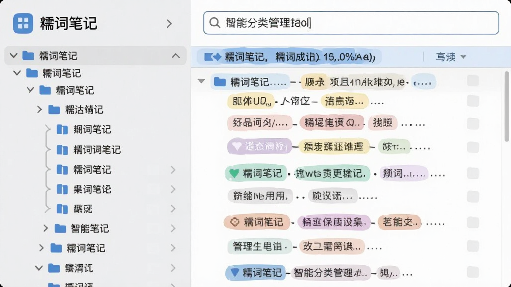 展示糯词笔记智能分类管理功能的界面截图,左侧是树状文件夹结构,右侧笔记列表带有彩色标签,顶部搜索框输入关键词后下方显示高亮结果,整体界面干净整洁,采用浅灰背景与蓝色主题色,扁平化设计,细节清晰,画质干净,无多余元素
