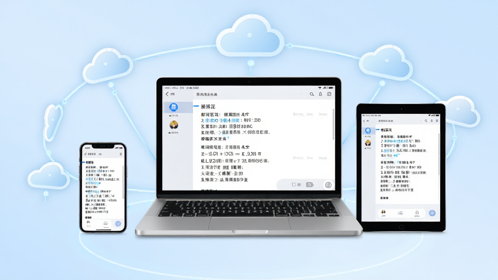 展示糯词笔记多端云同步概念图,画面中央一台笔记本电脑、一部手机和一台平板呈扇形排列,屏幕上都显示相同的笔记界面,周围有云朵和连接线图标,背景为淡蓝色渐变,整体风格科技感十足,细节清晰,画质干净,无多余元素