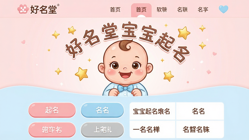 主体:好名堂宝宝起名软件主界面展示,画面中央显示一个可爱的宝宝卡通形象,周围环绕着“好名堂宝宝起名”字样和金色星星装饰。布局:界面采用上下结构,上方为软件名称与导航栏,下方为起名功能按钮与名字展示区域,排版清晰有序。风格:温馨可爱,色彩柔和,以淡粉色和浅蓝色为主,突出母婴主题。细节:宝宝形象笑容可掬,功能按钮带有圆角设计,名字展示区字体清晰美观。画质:高清细腻,干净无多余元素。